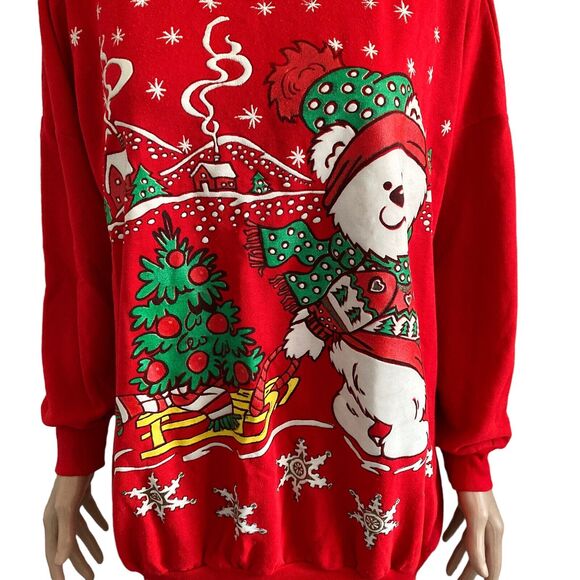 Linda Lori New York Sweatshirt Womens One Size XL Red Christmas Teddy Bear - Picture 7 of 8